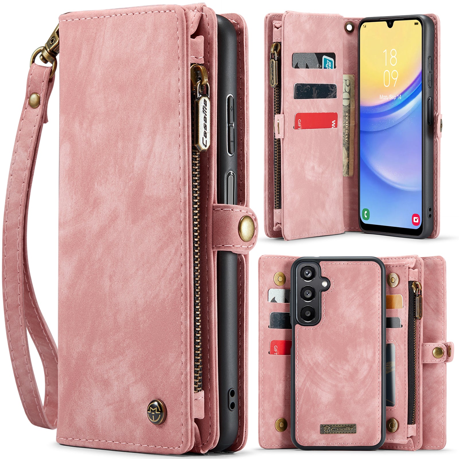 For Samsung Galaxy A16 5G / A16 4G Case CASEME 008 Series Detachable Leather Zipper Wallet Phone Cover - Pink For Samsung Galaxy A16 5G / A16 4G Case CASEME 008 Series Detachable Leather Zipper Wallet Phone Cover - Pink